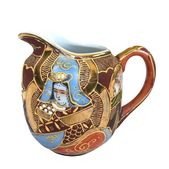 Mid‑Century Satsuma Moriage Hand‑Painted Japan Creamer 3" Immortals Gilt Trim - Picture 1 of 11
